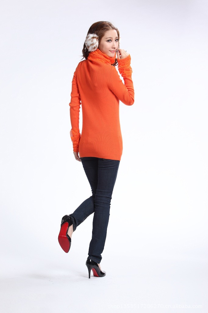 秋冬新款2012韩版蕾丝高领长袖中长款修身打