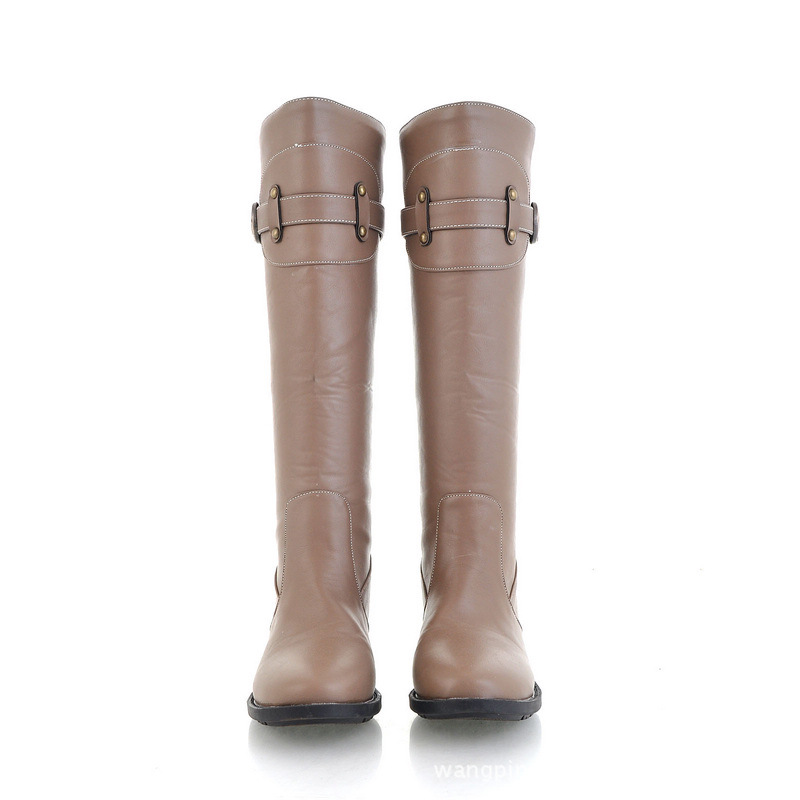 【女士长筒靴子大粗根低跟款新款高挡PU革拉