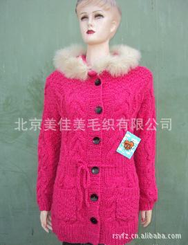 韩版新款流行棒针手编<em>女士开衫</em>带帽羊毛衫,毛