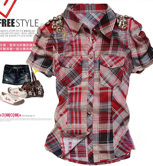 QY1038韩版<em>女装</em> 新品格子拼接肩章<em>开衫短袖</em>修