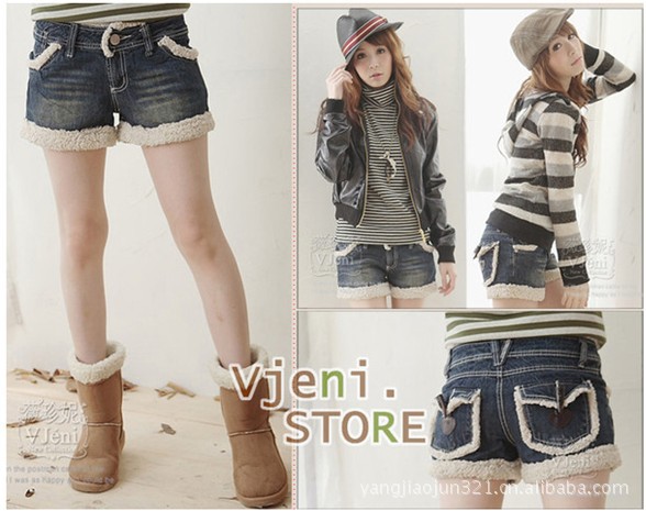 2012新款<em>超酷</em>羊羔绒卷边特色牛角扣牛仔<em>短裤</em>