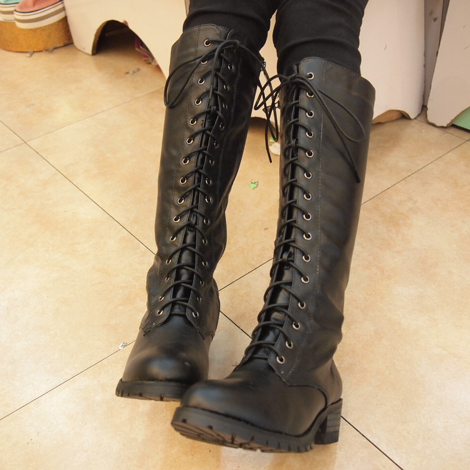 欧美2012秋冬新款女鞋拉链系带骑士靴长筒高
