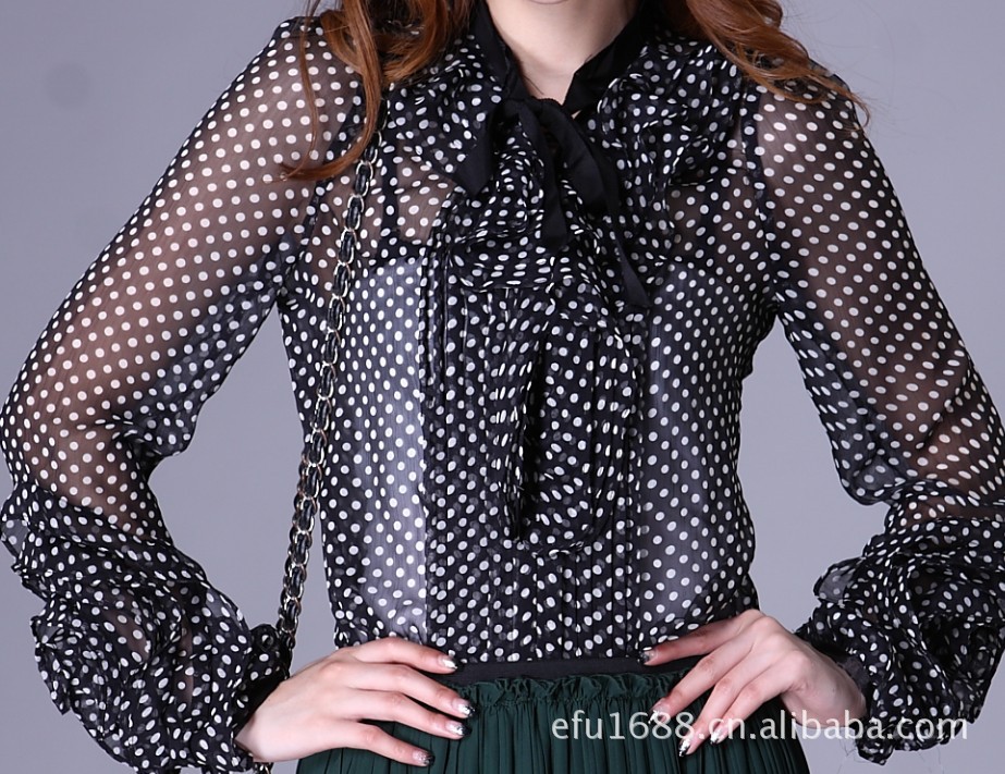 额发 荷叶边长袖波点透视OL雪纺<em>真丝女内裤</em>衬