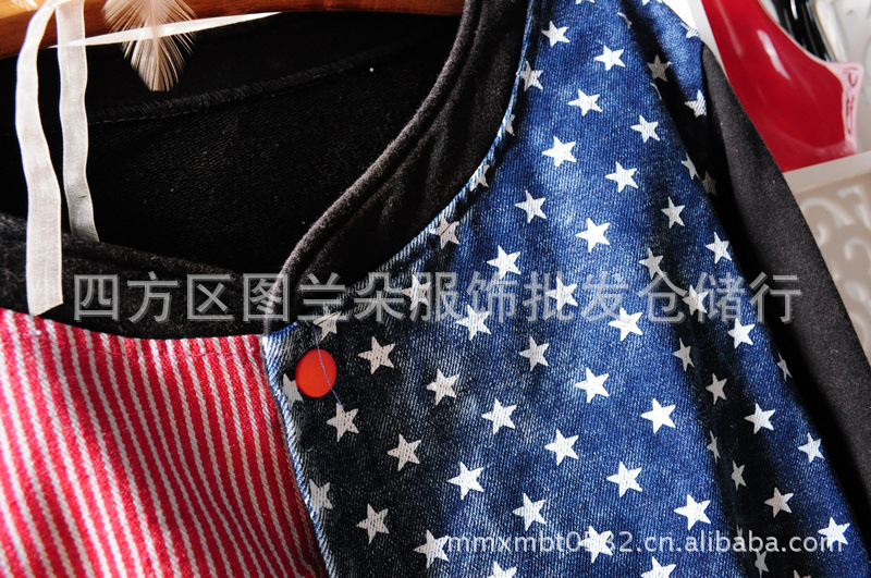 日系水洗五星<em>竖条纹牛仔拼接</em>撞色开衫<em>外套</em>棒球