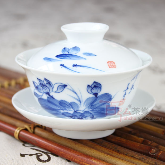 景德镇 手绘 青花瓷 陶瓷 大盖碗 大号三才杯 茶碗 套装茶具