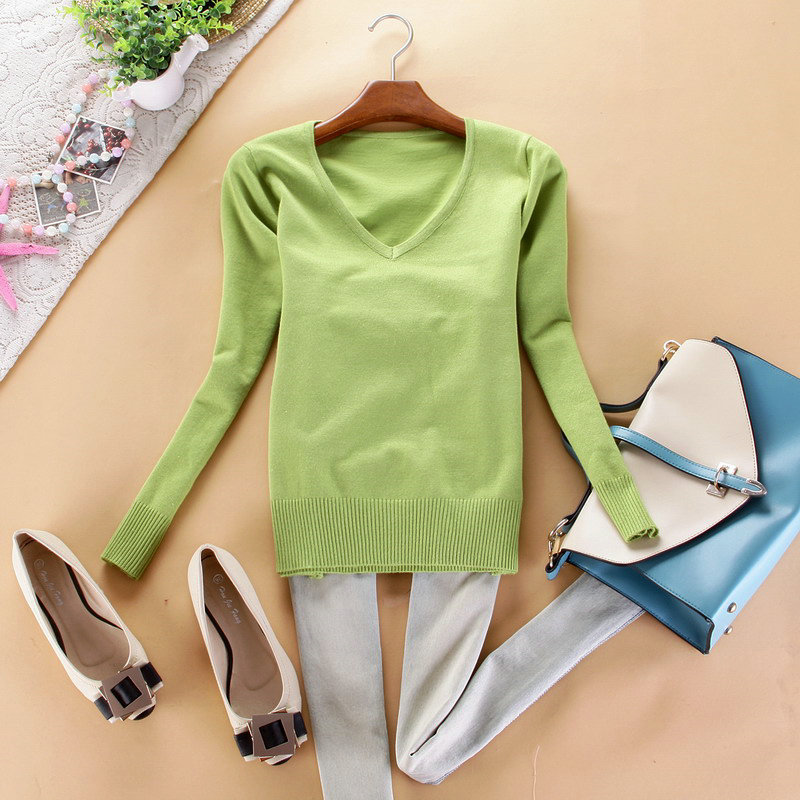 批发供应女装百搭丝光棉V领低领长袖针织打底