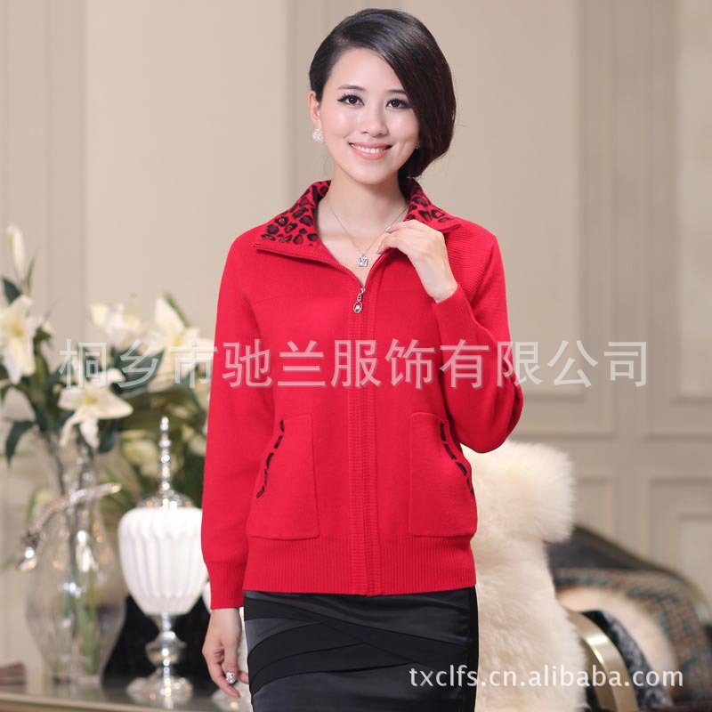 2012秋季新款韩版女装中年妈妈装拉链长袖开衫翻领带口袋羊毛衫