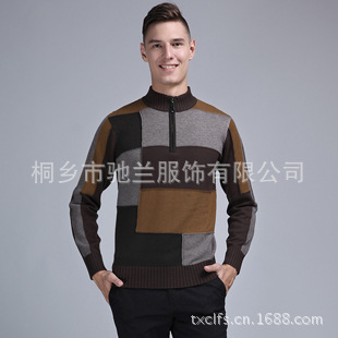 厂家直销来样定做13秋冬新款韩版拉链领拼图色长袖男士羊毛衫一件代发库存清仓