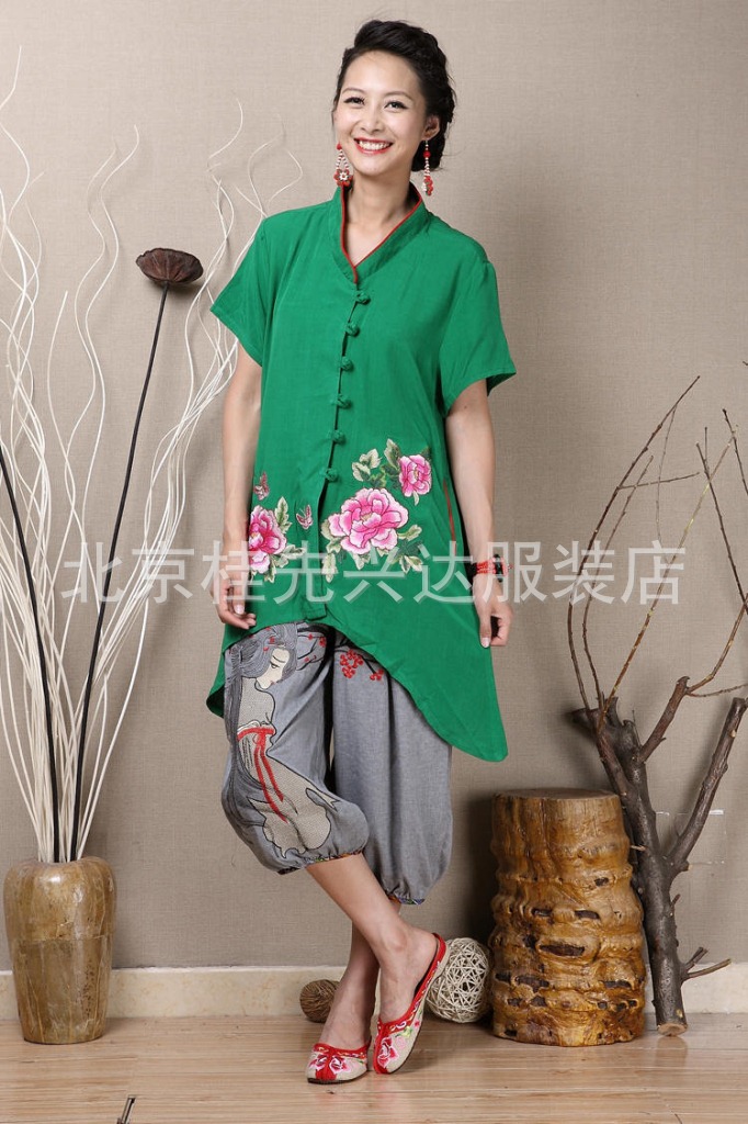 2013夏季<em>民族风棉麻</em>绣牡丹花盘口<em>开衫</em>短袖不