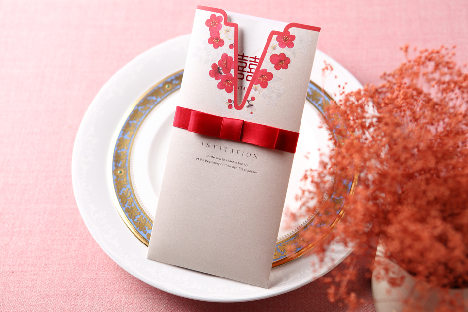 【红色丝带邀请函 梅花结婚请柬】价格,厂家,图