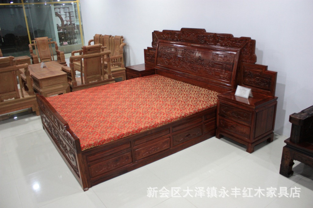 【红檀木家具 中式实木卧室1.8米双人床 明清仿