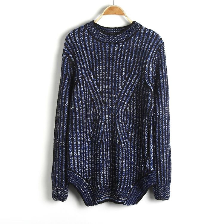 春季新款欧美风<em>条纹</em>编织圆领不规则<em>下摆</em>长袖毛