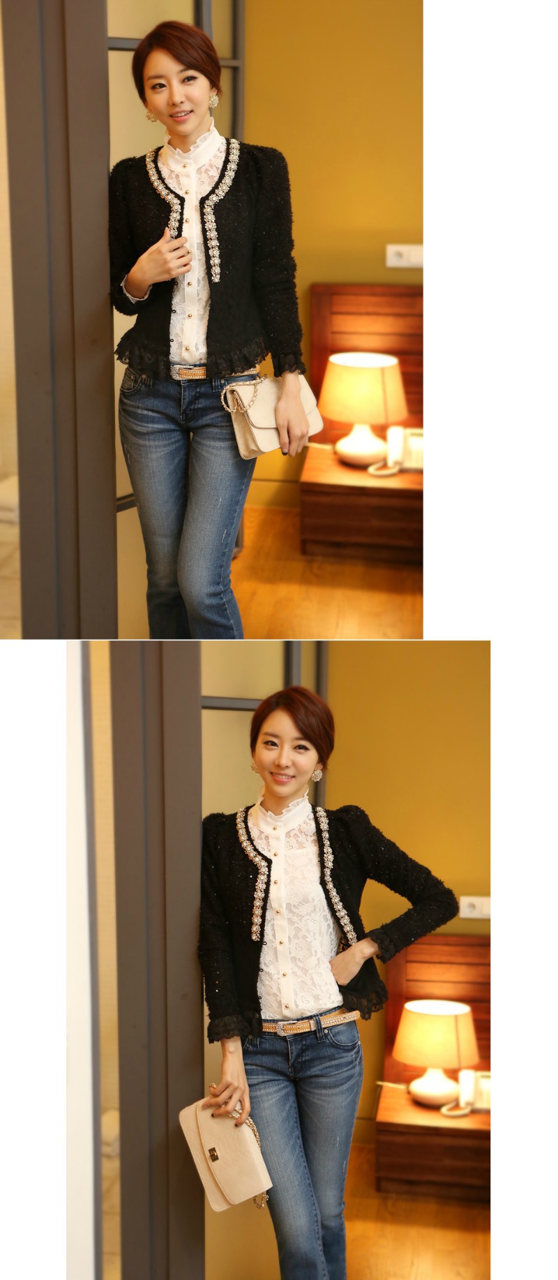 【日系风蕾丝拼接镂空<em>长袖衬衫</em>小<em>立领开衫荷叶</em>