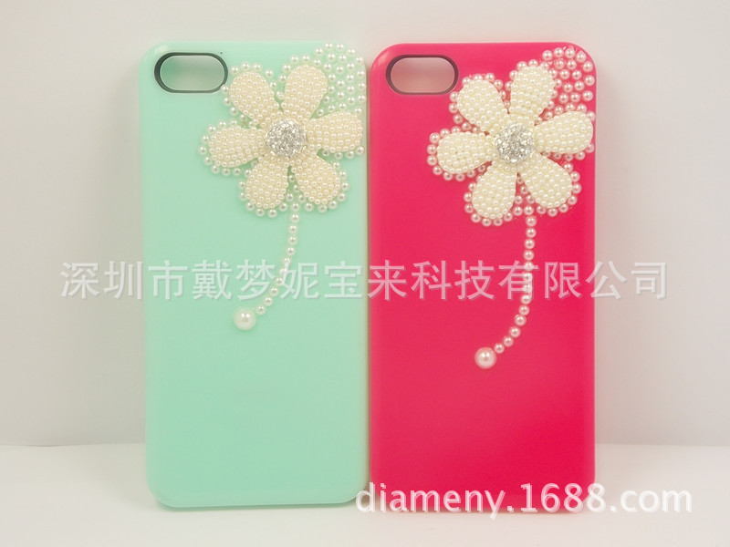 厂家【直销】DIY珍珠花形iphone5手机壳贴钻 