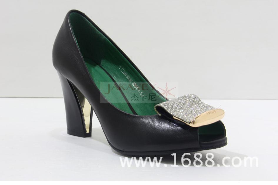 JAKANEY<em>杰卡尼</em>红色高跟鞋真皮鱼嘴水钻休闲