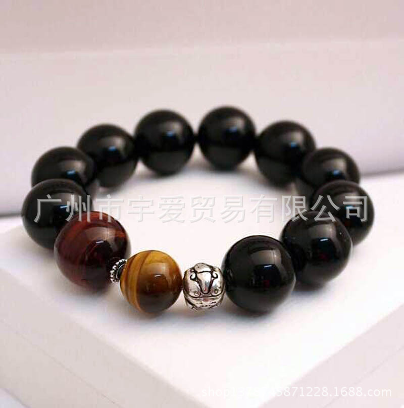 原创 黑玛瑙 虎眼石 银貔貅 男生手链 男款 图片