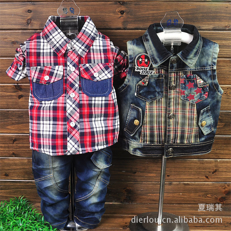 广州精品童装3205韩版<em>格子衬衣马甲牛仔</em>3件套