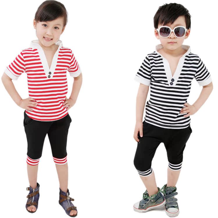 2013夏季<em>韩版童装男女</em>套装潮流条纹运动休闲