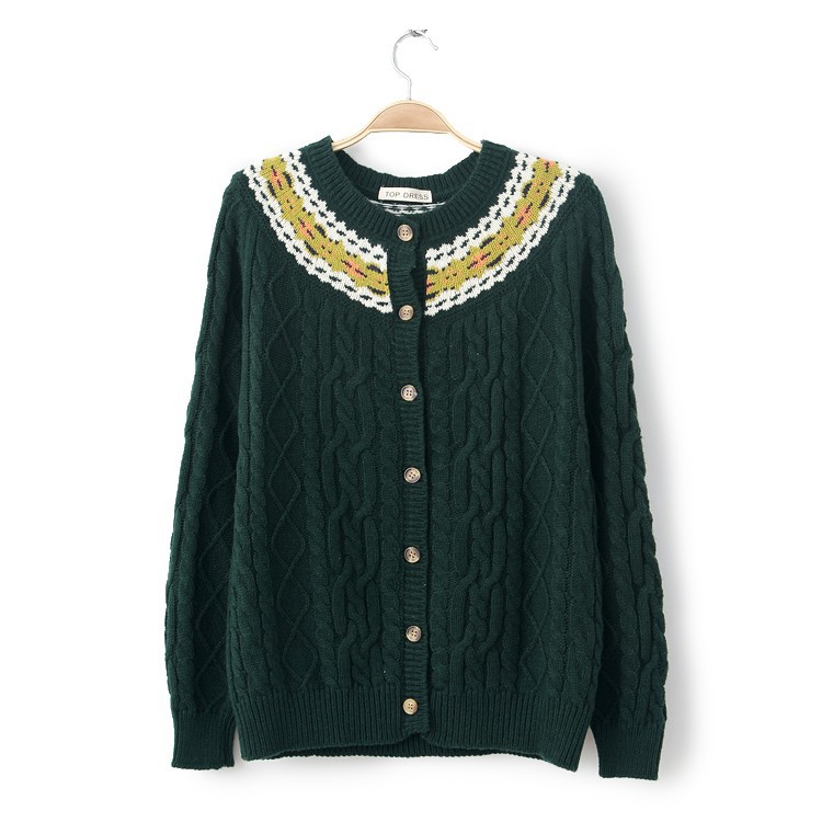 H0258 2013秋季新款 <em>提花</em>民族风领口<em>麻花针织</em>