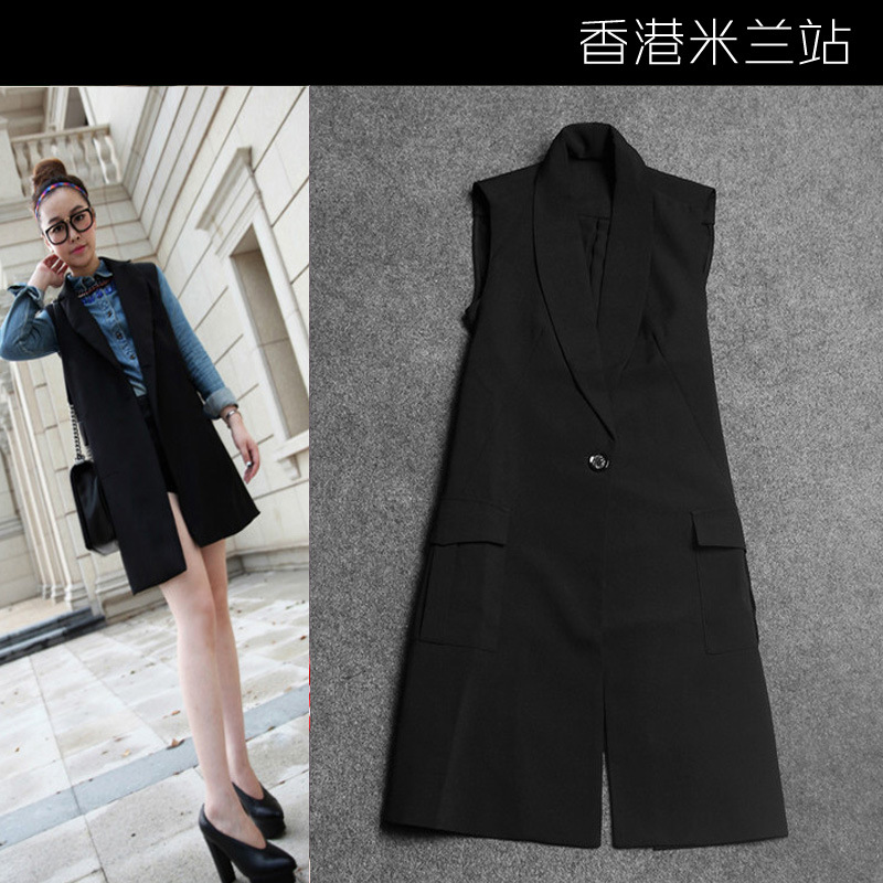 女装欧美明星同款立领黑色西装无袖<em>长款马甲</em>小