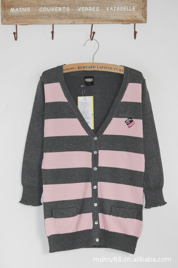 女款春秋装新品 新款大码<em>条纹</em>口袋<em>针织</em>衫<em>开衫</em>