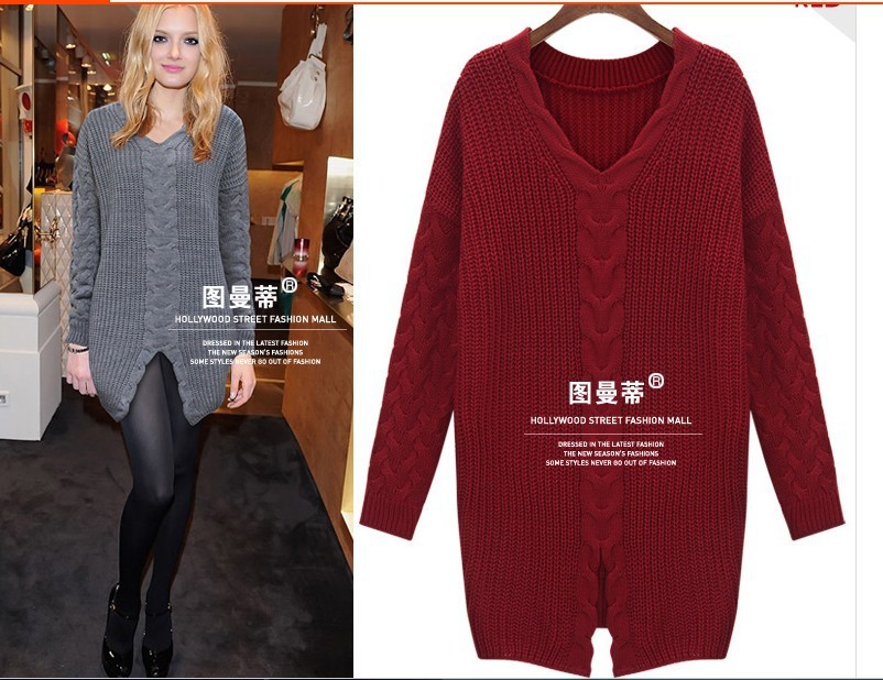 2013冬装专柜款中长款<em>麻花</em>编织开叉<em>毛衣</em>女装