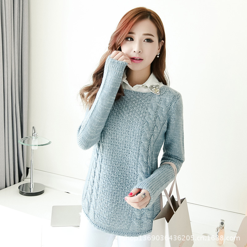 秋季新款韩版复古麻花<em>毛衣</em>修身<em>圆领套头毛衣</em>女