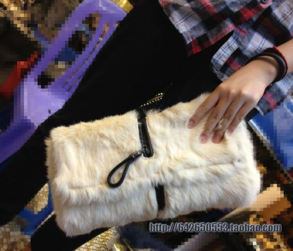 拉鏈裝飾高端兔毛皮草手拿包單肩包女包