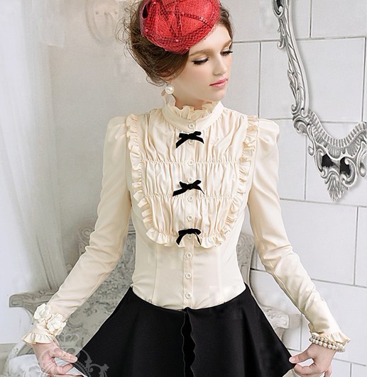 春裝娃娃款女裝 修身緊身褶皺鑲黑蝴蝶結長袖襯衫 立領荷葉邊女裝襯衣 免運費