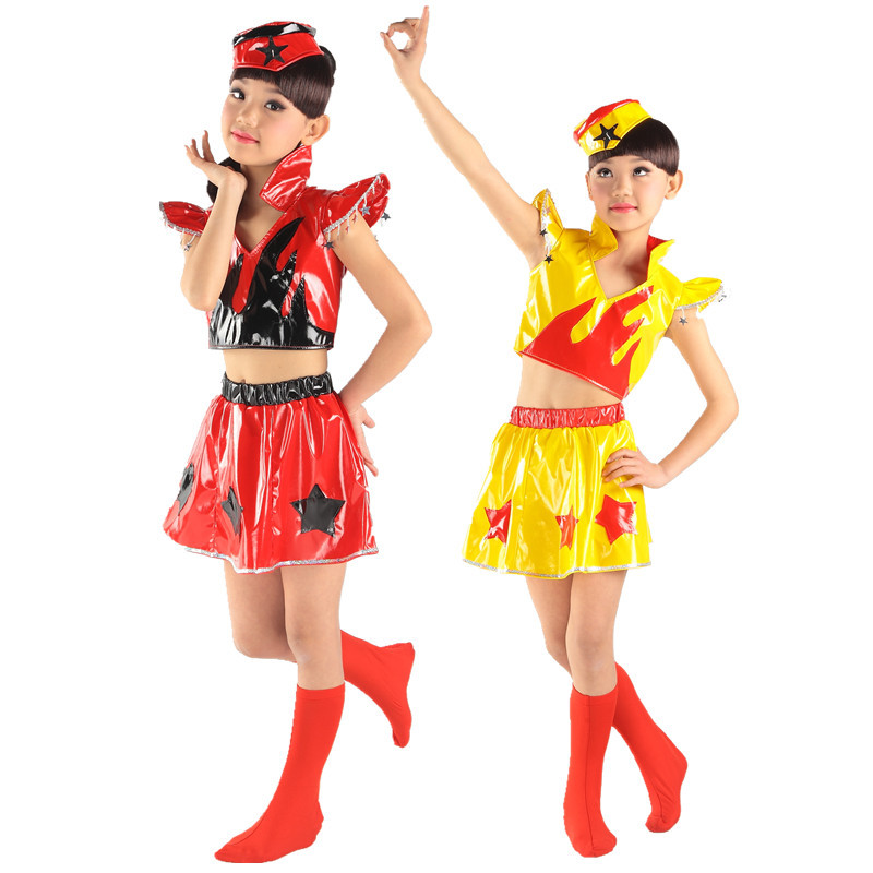 儿童演出服儿童<em>舞蹈</em>服<em>女孩</em>火焰套装漆皮短装少