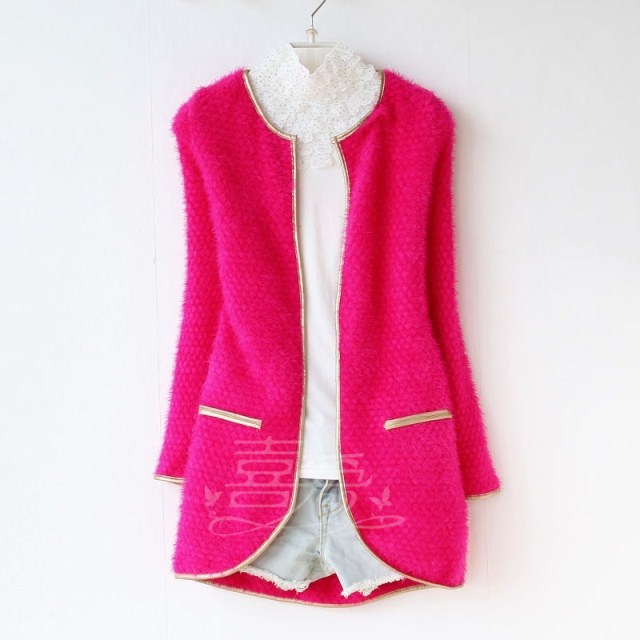 2014<em>秋款女装</em>韩版金属色镶边假口袋毛毛绒长