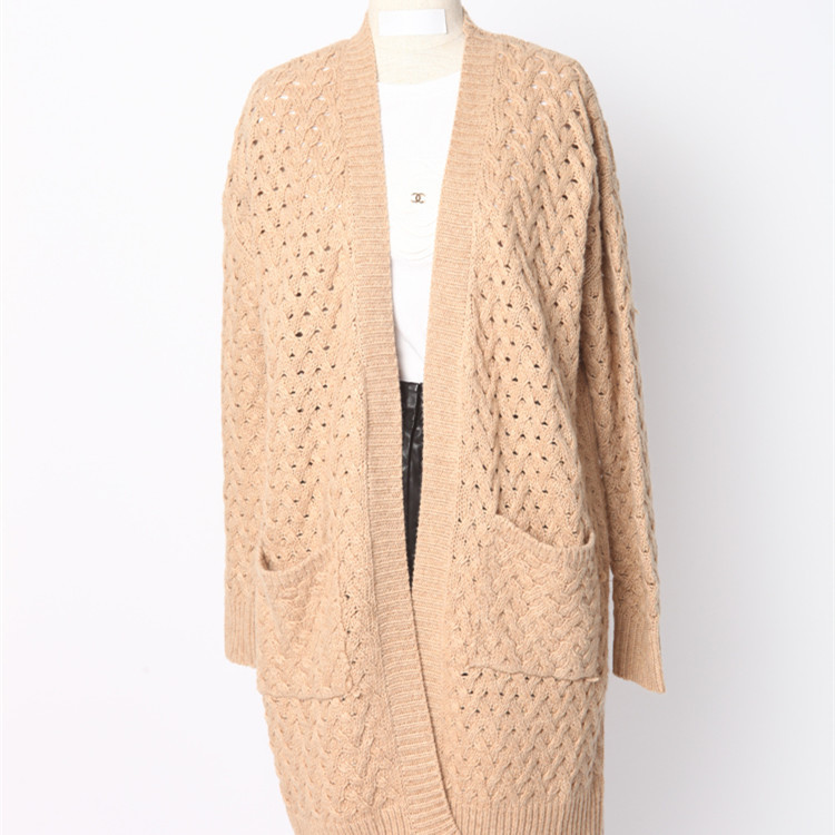 厂家批发 欧美风 粗针双口袋开衫长款大毛衣批