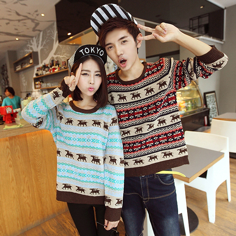 新品秋冬装情侣款<em>毛衣圣诞小鹿</em>针织衫韩版套头