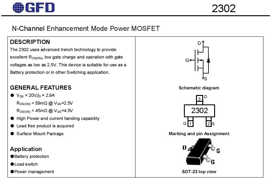 无线鼠标用 mos管 2302(替代si2302)20v 2.9a 贴片sot-23 厂供