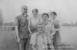 订做素描全家福肖像绘画艺术作品 铅笔画肖像作品