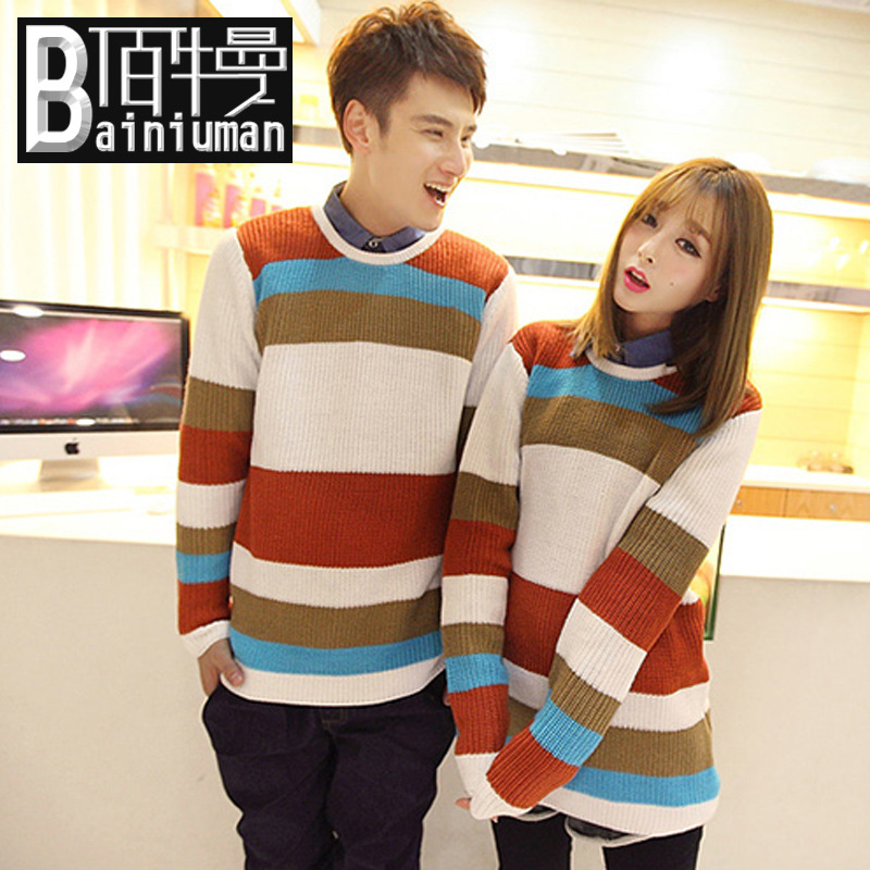 2013 秋冬新款时尚韩版彩<em>条纹</em>情侣<em>毛衣 图片</em>_