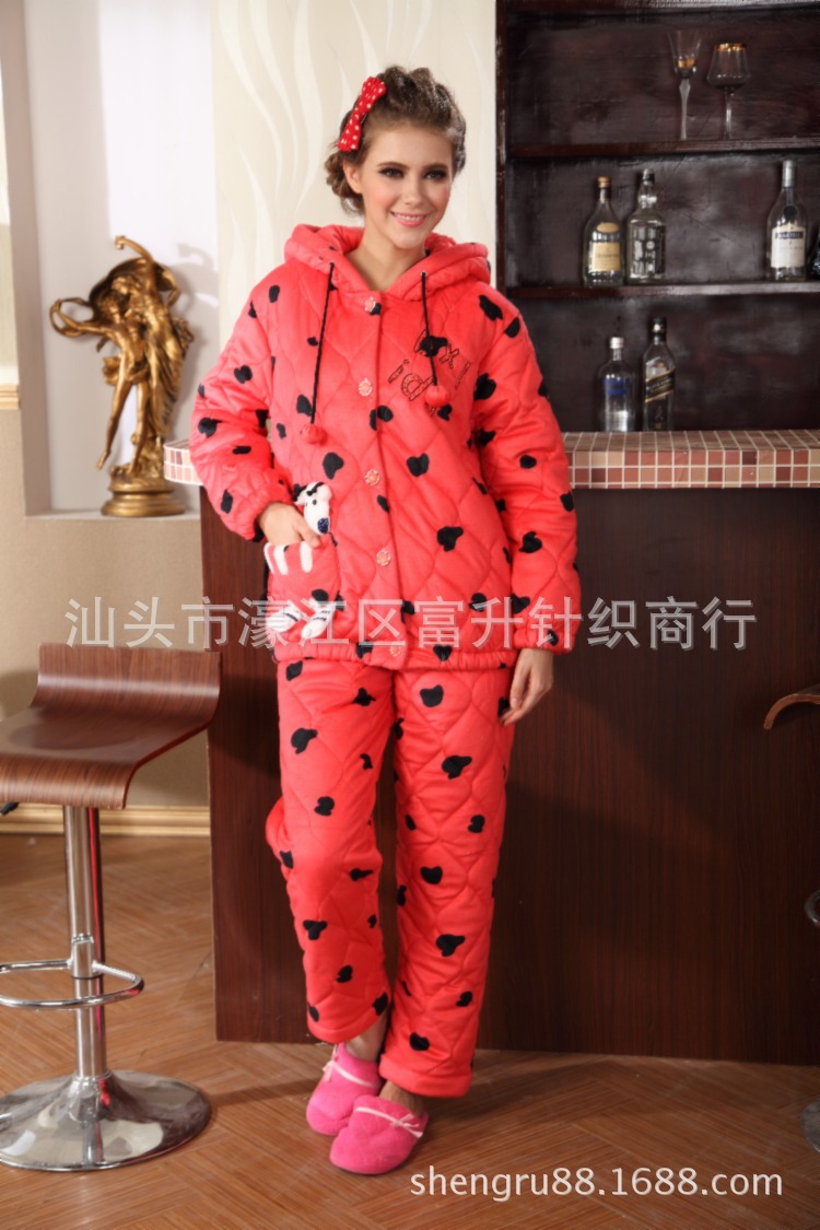 清纯可爱樱桃斑点纹印花女士超柔夹棉<em>睡衣</em>家居