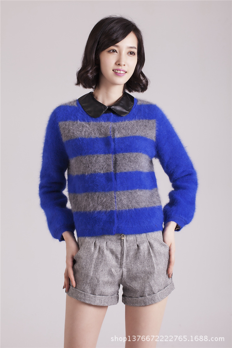 2013<em>女式新款上市</em> 韩版<em>女式开衫</em>条纹修身纯貂