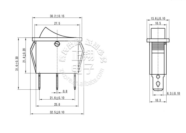 东莞开关厂家供应投影仪器用31*14三脚带红灯i/o船形开关kcd3