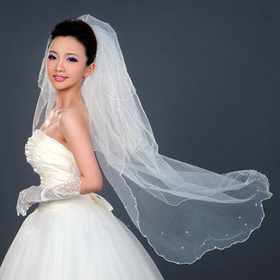 三层大珍珠新娘婚纱头纱韩式新长款蓬蓬纱-新娘配饰多层头纱批发