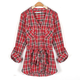 原单衬衣欧美原单格子衬衣压褶皱个性衬衣2013早春长短袖两用衬衣