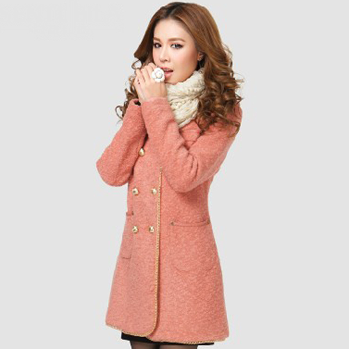 新款女装 韩版修身<em>呢子</em>大衣 <em>毛呢外套 配围巾</em> 图
