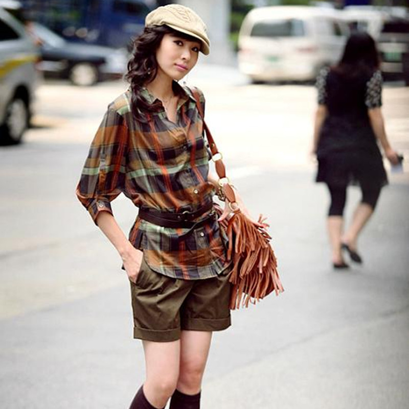 2014韩版夏款女装时尚搭配条纹衬衣+短热裤 