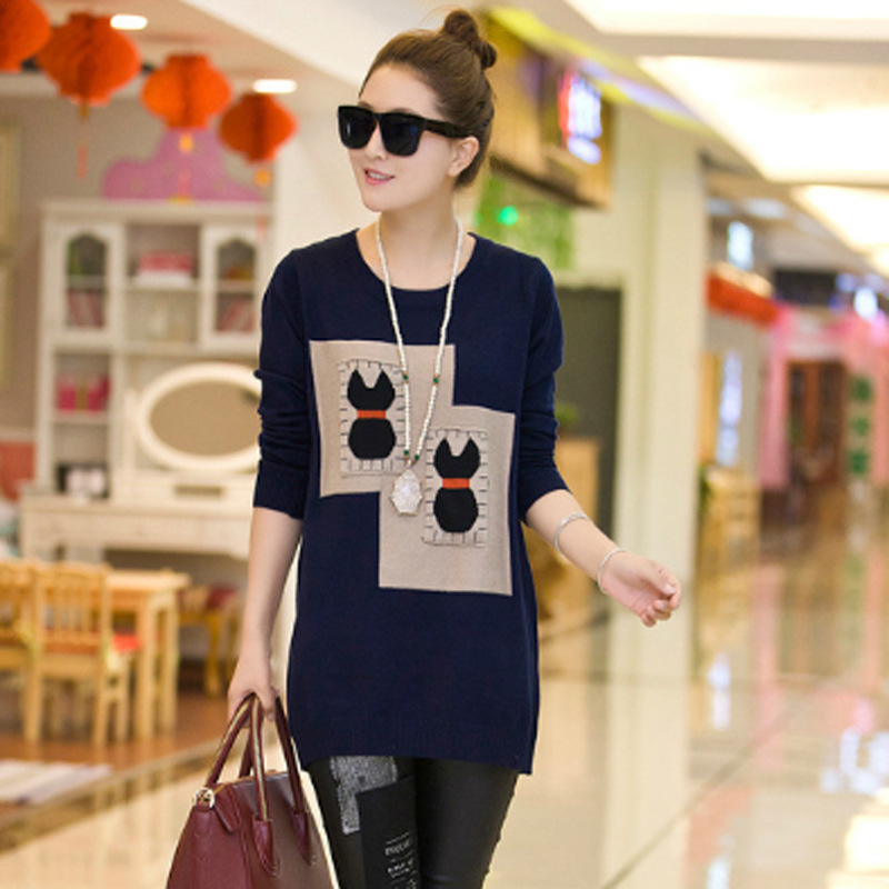 2013热销新韩版宽松<em>可爱</em>卡通<em>毛衣长款修身</em>拼