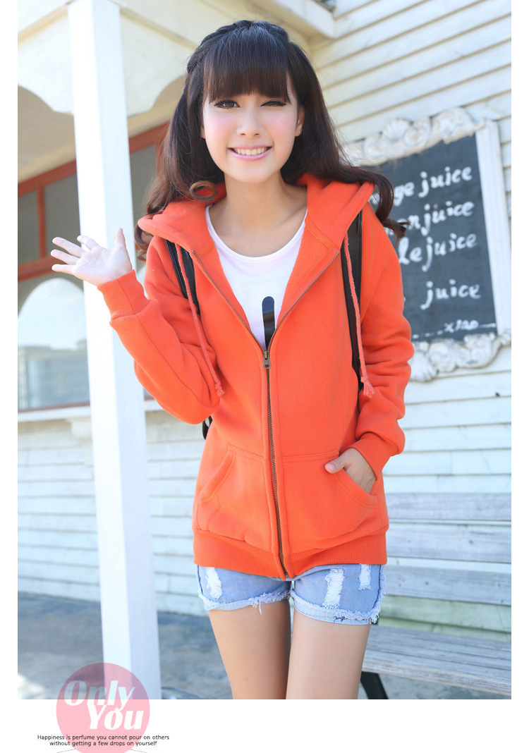 【韩版秋装新款可爱拉链<em>女式开衫</em> 抓绒带帽卫