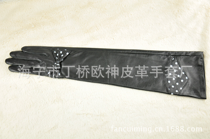 批发采购<em>手套</em>-新款 真皮<em>女式长手套</em> 斑点蝴蝶结