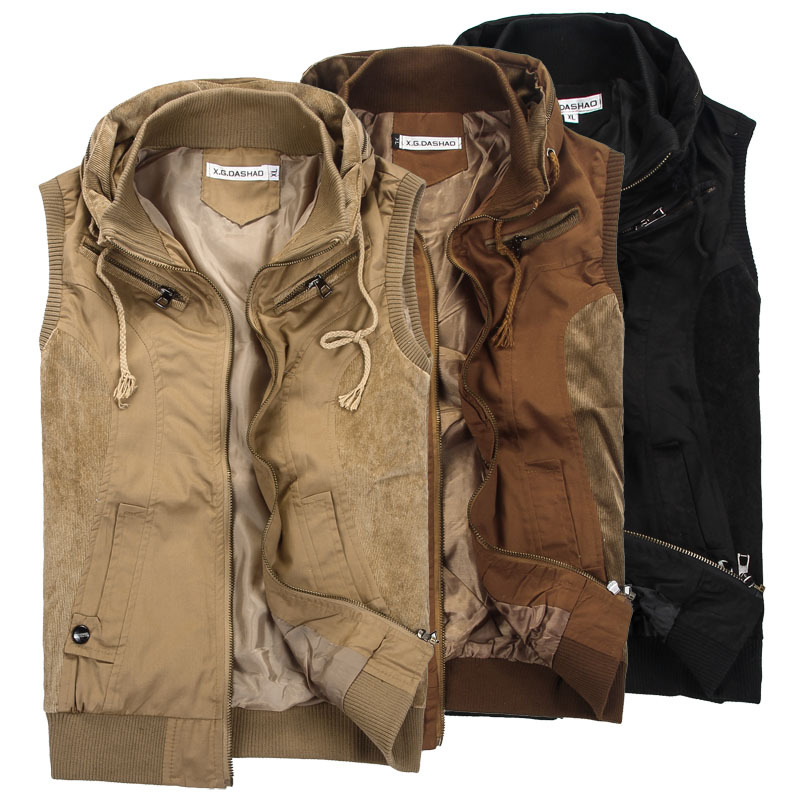 灯芯绒拼接 韩版双层领男式无袖<em>马甲</em> <em>以纯</em>修身