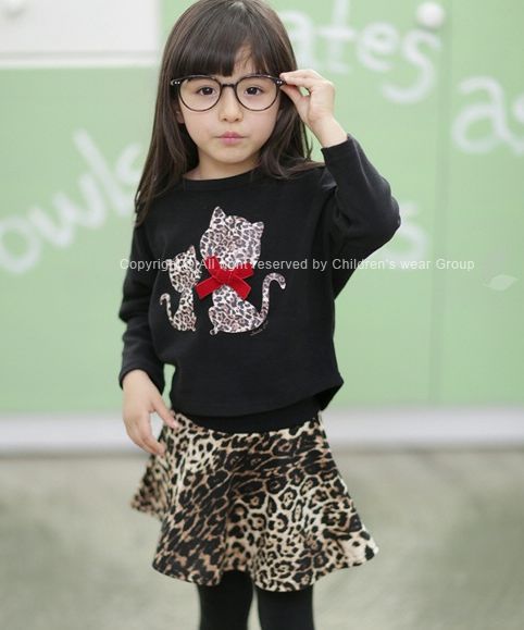 外贸韩版童装 2013韩版女童豹纹猫咪裙套装 时