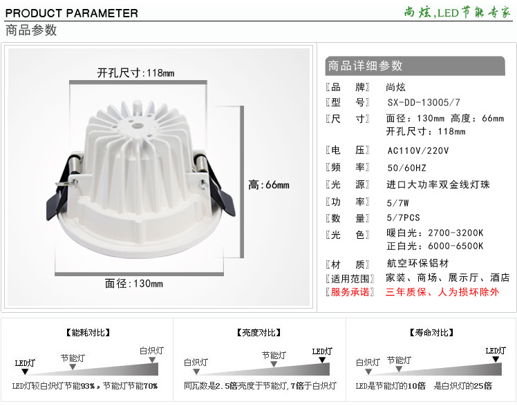 7W白色天花筒灯详细参数