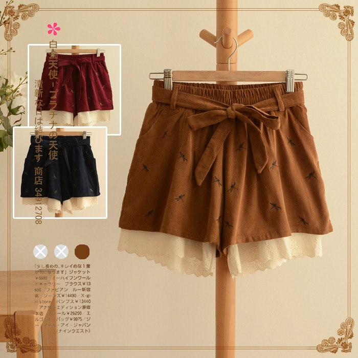 2013<em>秋冬</em>新款松紧腰蕾丝<em>花边短裤</em> 灯芯绒蜻蜓